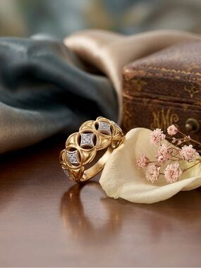 Ross-Simons gilded 925 with yellow gold plating Floral Motif Diamond Ring Sz 8